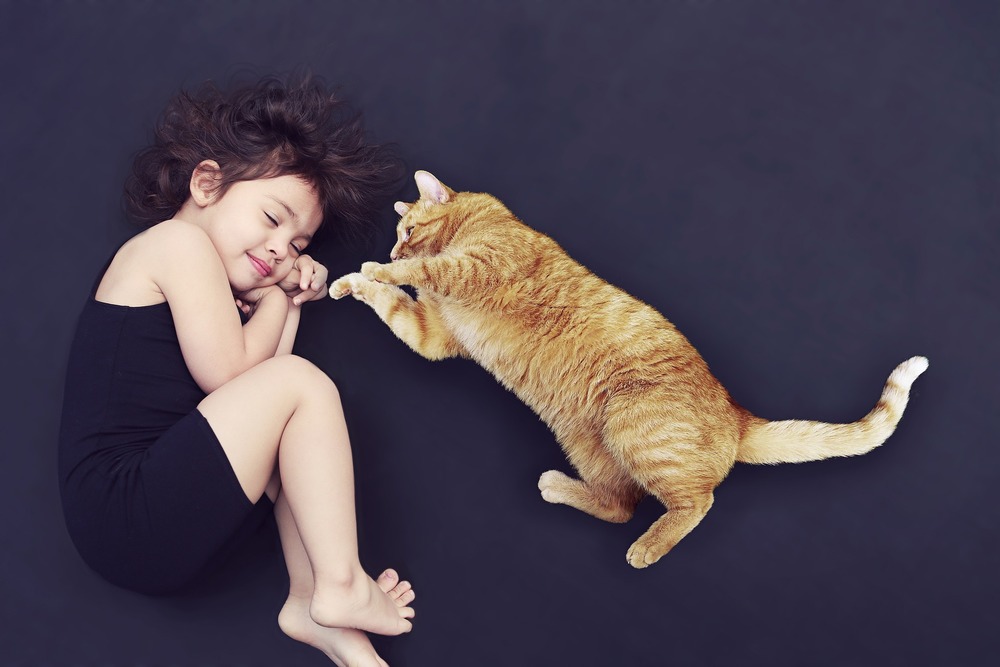 Egy macska fekszik egy fekvő kislány mellett, a macska megpróbálja horogra akasztani, hogy játsszon.