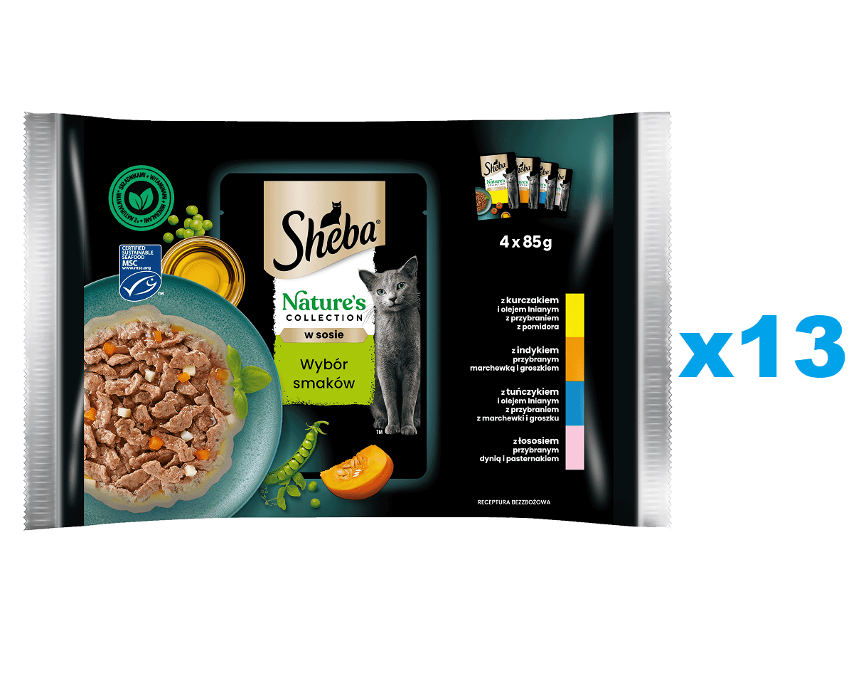 SHEBA Nature’s Collection Flavour Selection 52x85 g nedves teljes értékű eledel felnőtt macskáknak mártással, csirke, pulyka, tonhal, lazac