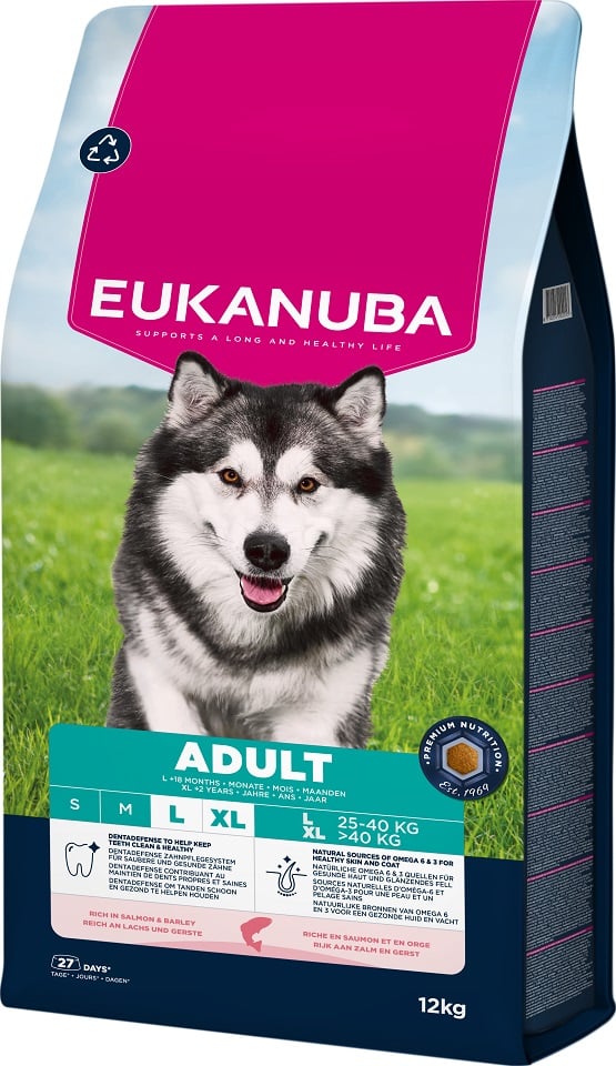 EUKANUBA Adult Large Breeds Salmon Barlej 12 kg száraz kutyatáp nagytestű kutyák számára, gazdag lazacban és árpában