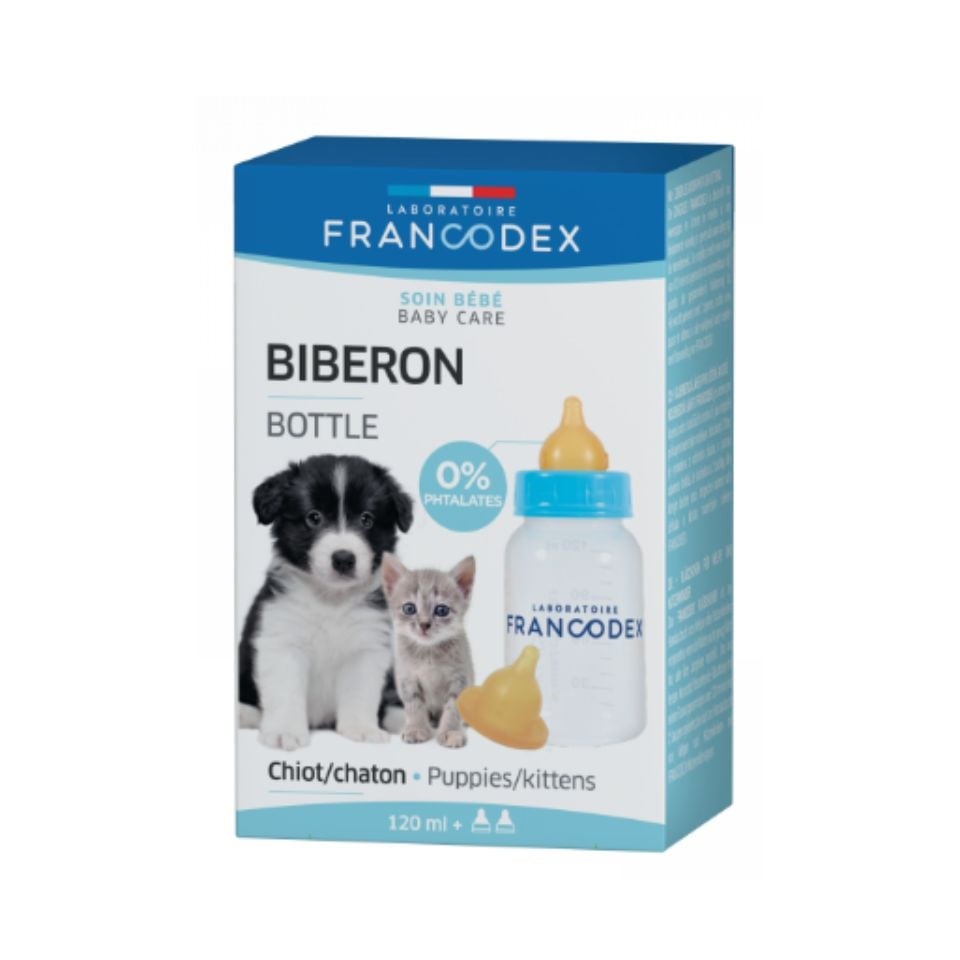 FRANCODEX Kiskutya és cica etető palack 120 ml + 2 szopóka