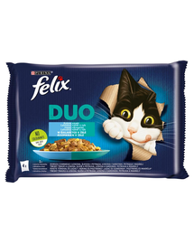 FELIX Duo Hal ízek zselében (fekete tőkehal és lazac, hering és pisztráng, lazac és szardínia, pisztráng és makréla) 4x85 g nedves macskaeledel.
