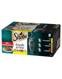 SHEBA Fresh Fine MEGAPACK tasakok 50x50 g nedves macskaeledel mártásban, csirkével, baromfival, pulykával