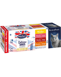 BUTCHER'S Delicious Dinners Jumbo Pack Zselé felnőtt macskáknak 40x100g Vegyes ízesítésű csirkés ételek