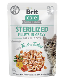 BRIT CARE Fillets in Gravy Pouch Sterilized Tender Turkey 24x85g pulykával sterilizált macskák számára