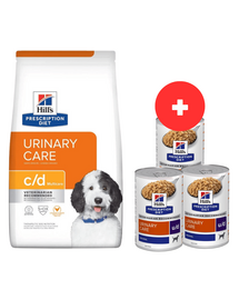 HILL'S Prescription Diet Canine c/d Multicare Chicken 12 kg húgyúti problémákkal küzdő kutyáknak + 3 x 370 g kutyaeledel INGYENES