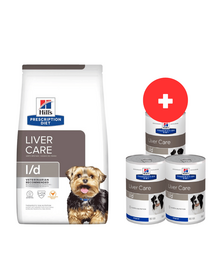 HILL'S Prescription Diet Canine l/d Liver Care 10 kg májproblémás kutyáknak + 3 x 370g kutyaeledel INGYENES