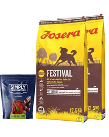 JOSERA Festival Felnőtt válogatós kutyáknak 25kg (2x12,5kg) + SIMPLY FROM NATURE Természetes kolbászok lóhússal 200 g
