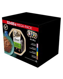 SHEBA Sauce Collection Ízválaszték 32x85 g-os tálcák lazacos, tonhalas, csirkés, kacsás, kacsás szószban