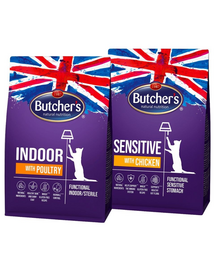 BUTCHER'S Functional Cat Indoor baromfival 800 g + Sensitive csirkével 800 g
