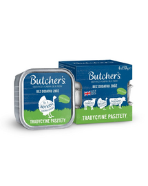 BUTCHER'S Original Tradycyjne pasztety Mix smaków z warzywami 4x150 g pasztet z jagnięciną, z indykiem i z wołowiną dla psa