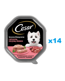 CESAR tálca 14x150 g nedves teljes értékű eledel felnőtt kutyáknak csikóhal zsenge borjúhússal és baromfival