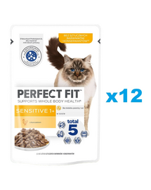 PERFECT FIT Sensitive 1+ tasakok 12x85 g teljes értékű nedves eledel felnőtt macskáknak csirkemellel mártásban