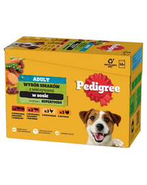 PEDIGREE Adult Choice of Flavors zöldségekkel 12x100g teljes értékű nedves eledel felnőtt kutyáknak, marhahús és bárányhús keverékével, marhahús és máj keverékével, csirkével, pulykával, mártásban