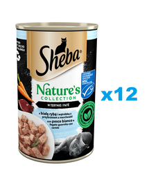 SHEBA konzervdoboz 12x400 g Nature's Collection nedves teljes értékű eledel felnőtt macskáknak fehér hallal és májjal, sárgarépa körettel terrine-ben