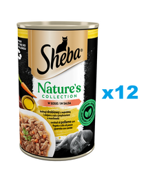 SHEBA konzervdoboz 12x400 g Nature's Collection nedves teljes értékű eledel felnőtt macskáknak baromfimáj és halolaj koktél sárgarépával mártásban