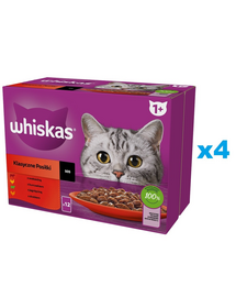 WHISKAS Adult tasak 48x85g Classic Meals in Sauce nedves macskaeledel marhahússal, csirkével, bárányhússal, baromfival, szaftos darabokban