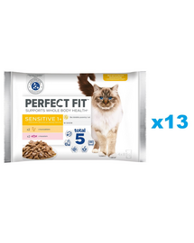 PERFECT FIT Sensitive 1+ tasakok 52x85 g teljes értékű nedves eledel felnőtt macskáknak, csirkemártással, lazaccal