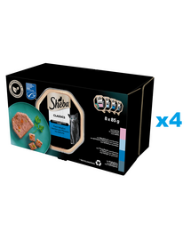 SHEBA Classics Fish Flavours 32x85 g teljes értékű nedves eledel felnőtt macskáknak teriinnel lazaccal, fehér hallal és sárgarépával, tonhallal és zöldségekkel, tőkehallal