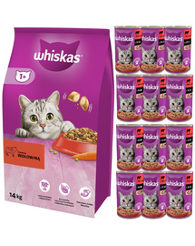WHISKAS Adult 14kg száraz táp finom marhahús + WHISKAS Adult 12x400 g nedves táplálék marhahússal mártásban
