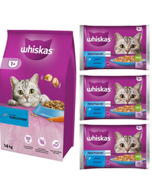 WHISKAS Adult 14kg száraz táp tonhalával és zöldségekkel + WHISKAS Adult 12x85g Halas finomságok zselében: lazac, tonhal