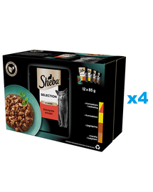 SHEBA Selection Soczyste Smaki saszetki 48x85 g mokra karma pełnoporcjowa dla dorosłych kotów w sosie kawałki z kurczakiem i wołowiną, kurczakiem, jagnięciną, kaczką i indykiem