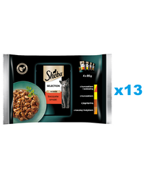 SHEBA Selection Soczyste Smaki saszetki 52x85 g mokra karma pełnoporcjowa dla dorosłych kotów w sosie kawałki z kurczakiem i wołowiną, kurczakiem, jagnięciną, kaczką i indykiem