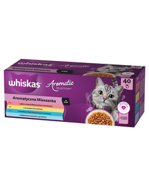 WHISKAS Adult Aromatic Selection 40x85 g teljes értékű nedves eledel felnőtt macskáknak, mártásban, darabokban: mázas sertéshús és sárgarépa, óceáni haldarabokkal, húslevesben