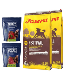 JOSERA Festival dla dorosłych wybrednych psów 25kg (2x12,5kg) + SIMPLY FROM NATURE Naturalne kiełbaski z koniną i mięsem jelenia 2x200 g