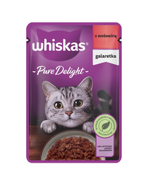 WHISKAS Adult Pure Delight tasak 85g teljes értékű nedves eledel felnőtt macskáknak, marhahúsdarabkák zselében
