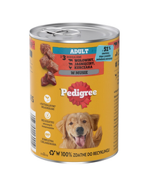 PEDIGREE Adult konzerv 400 g nedvese táplálék felnőtt kutyák számára 3 féle: marhahús, bárány és csirke, pürében
