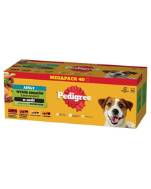 PEDIGREE Adult Choice of Flavors zöldségekkel 40x100g teljes értékű nedves eledel felnőtt kutyáknak, marhahús és bárányhús keverékével, marhahús és máj keverékével, csirkével, pulykával, mártásban