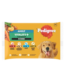 PEDIGREE Adult Vitality+ zöldségekkel 4x85 g nedves eledel teljes értékű felnőtt kutyák számára marhahússal és májjal, sárgarépával és borsóval, csirkével és burgonyával, hallal és sárgarépával, baromfival, sárgarépával és borsóval szószban