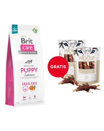 BRIT Care Grain-free Puppy száraz kölyöktáp lazaccal 12 kg + WOOLF Chicken And Rawhide Twister 2 x 100 g szárított bőr csirkehússal körbetekerve AJÁNDÉKBA