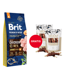 BRIT Premium By Nature Junior Medium M Chicken 15 kg + WOOLF Chicken And Rawhide Twister 2 x 100 g szárított bőr csirkehússal körbetekerve AJÁNDÉKBA