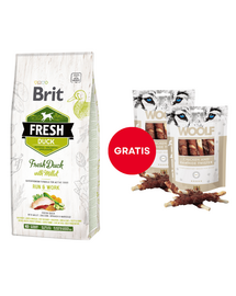BRIT Fresh Duck with Millet Active Run & Work 12 kg + WOOLF Chicken And Rawhide Twister 2 x 100 g szárított bőr csirkehússal körbetekerve AJÁNDÉK