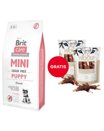 BRIT Care Mini Grain Free Mini Puppy Lamb 7 kg + WOOLF Chicken And Rawhide Twister 2 x 100 g szárított bőr csirkehússal körbetekerve AJÁNDÉKBA