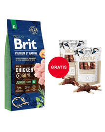 BRIT Premium By Nature Junior Extra Large XL Chicken 15 kg + WOOLF Chicken And Rawhide Twister 2 x 100 g szárított bőr csirkehússal körbetekerve AJÁNDÉKBA