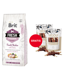 BRIT Fresh Chicken with Potato Puppy Healthy Growth 12 kg + WOOLF Chicken And Rawhide Twister 2 x 100 g szárított bőr csirkehússal körbetekerve AJÁNDÉKBA