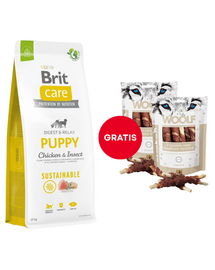 BRIT Care Sustainable Puppy csirkével és rovarokkal 12 kg + WOOLF Chicken And Rawhide Twister 2 x 100 g szárított bőr csirkehússal körbetekerve AJÁNDÉKBA