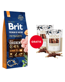 BRIT Premium By Nature Senior Small Medium S+M Chicken 15 kg + WOOLF Chicken And Rawhide Twister 2 x 100 g szárított bőr csirkehússal körbetekerve AJÁNDÉKBA