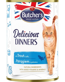 BUTCHER'S Delicious Dinners, karma dla kota, kawałki z pstrągiem w galaretce, 400g