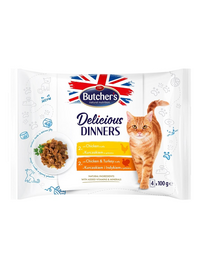Delicious Dinners kawałki w galaretce dla dorosłych kotów 4x100g z kurczakiem, z kurczakiem i indykiem
