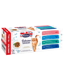 Delicious Dinners Cat Jumbo Pack Fish selection in Jelly 40x100 g kawałki w galaretce z łososiem, z pstrągiem, rybą oceaniczną i łupaczem dla kota