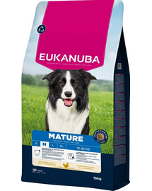 EUKANUBA Mature Medium Breeds Chicken 15 kg száraz táp érett közepes méretű kutyák számára, friss csirkével gazdagítva