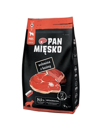 PAN MIĘSKO Marhahús kecskehússal kutyák számára, száraz táp (M) 9 kg