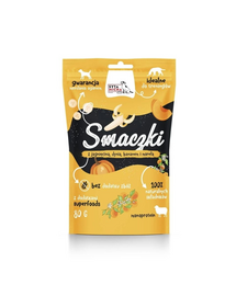 SYTA MICHA Kutya számára készült bárányhúsos, tökös, banános és sárgabarackos falatok 80 g