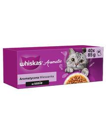 WHISKAS Adult Aromatic Selection 40x85 g teljes értékű nedves eledel felnőtt macskáknak, mártásban, darabokban: mázas sertéshús és sárgarépa, óceáni haldarabokkal, húslevesben