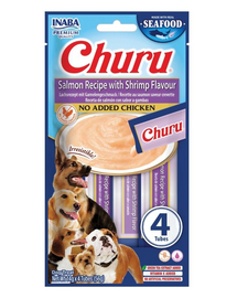 INABA Dog Churu Fish Based Salmon with Shrimp Recipe 4x14g krémes jutalom falatok lazaccal és garnélával kutyáknak