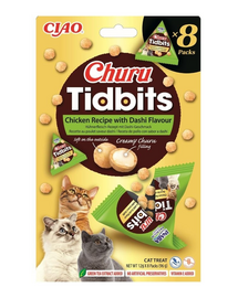 INABA Cat Churu Tidbits Chicken Recipe with Dashi Flavor 8x12g - Puha és krémes jutalomfalatok csirkével, dashi alaplé ízesítéssel macskáknak