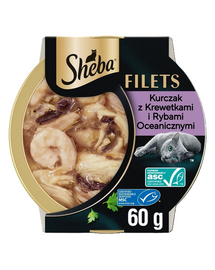 SHEBA Filets csirkével, óceáni halakkal és garnélával szószban 60 g nedves macskaeledel